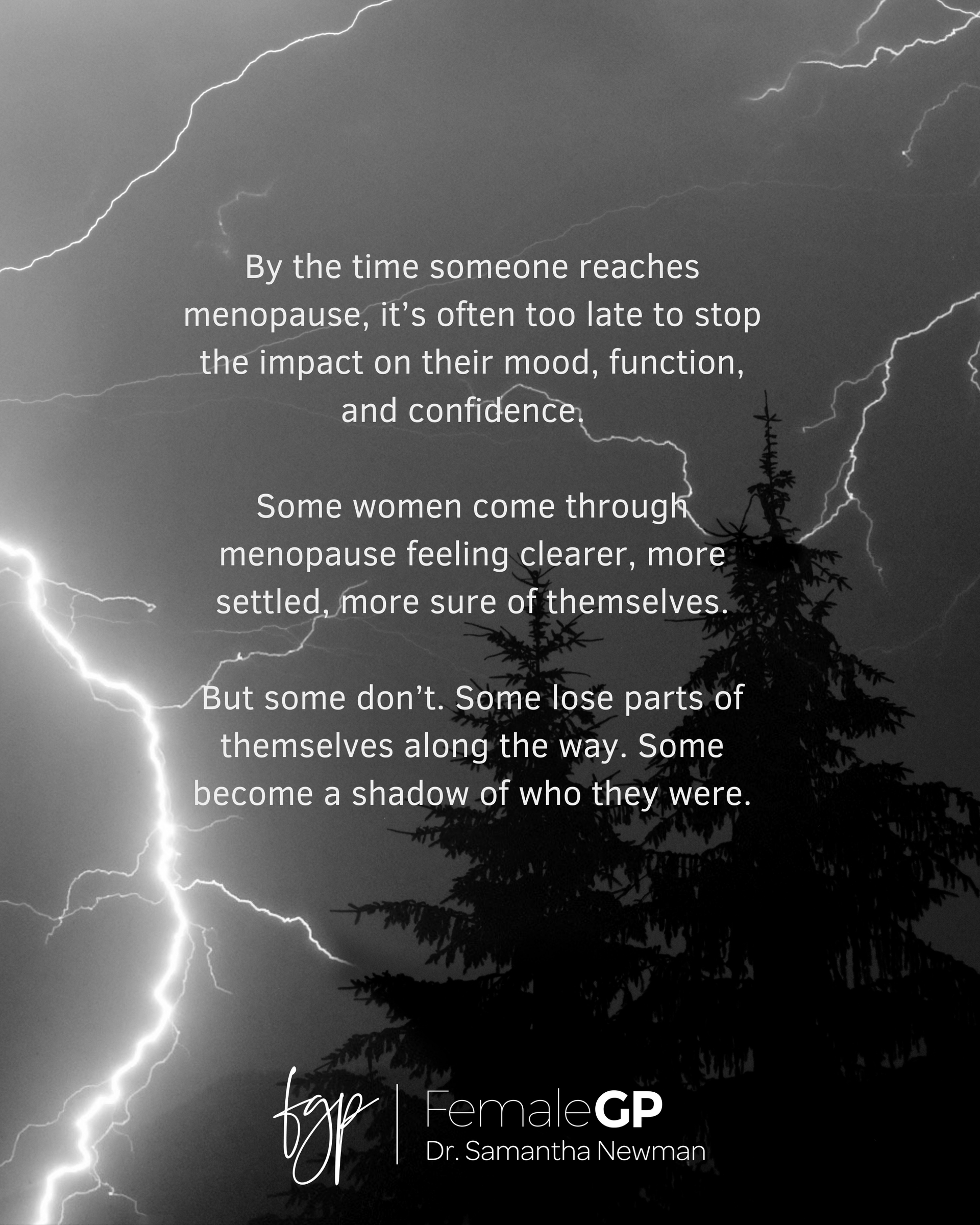 Lightning strikes behind a dark tree, with text about menopause.
