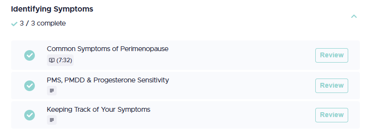 Completed checklist: Identifying Symptoms, with 3 topics: menopause, PMS, and tracking symptoms.
