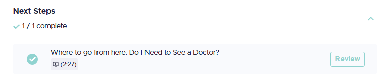 Next steps: question about needing a doctor, with a completed checkmark.