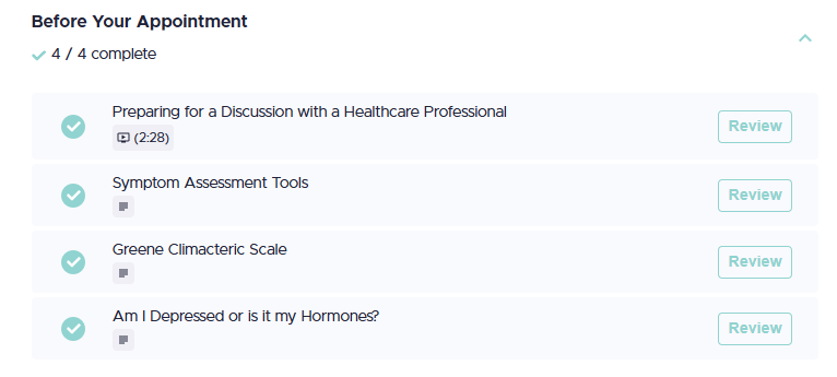 A list of four completed tasks before an appointment, each with a review button.