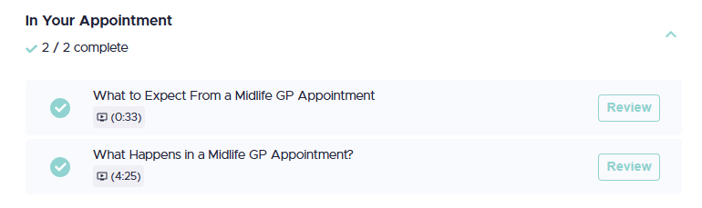 Appointment progress: 2/3 complete. Two sections checked and labeled 