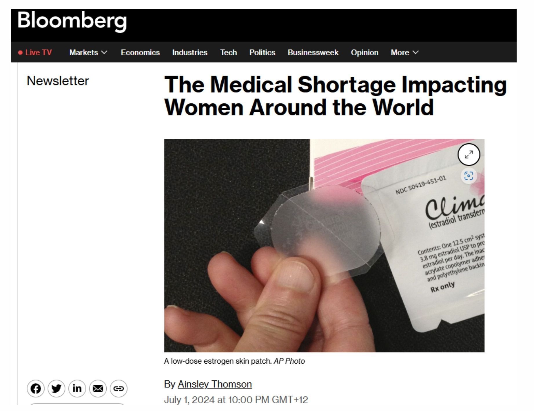 Article about medical shortage for women. Hand holding a transparent patch with packaging.