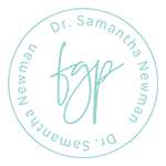 Light blue circular logo with "Dr. Samantha Newman" and "fgp" in a handwritten font.