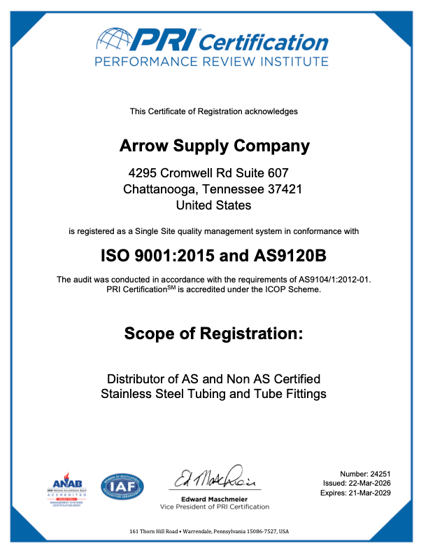 ISO 9001:2015 and AS9120B certification for Arrow Supply Company, a distributor of stainless steel tubing and fittings.