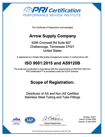 ISO 9001:2015 and AS9120B certification for Arrow Supply Company, a distributor of stainless steel tubing and fittings.