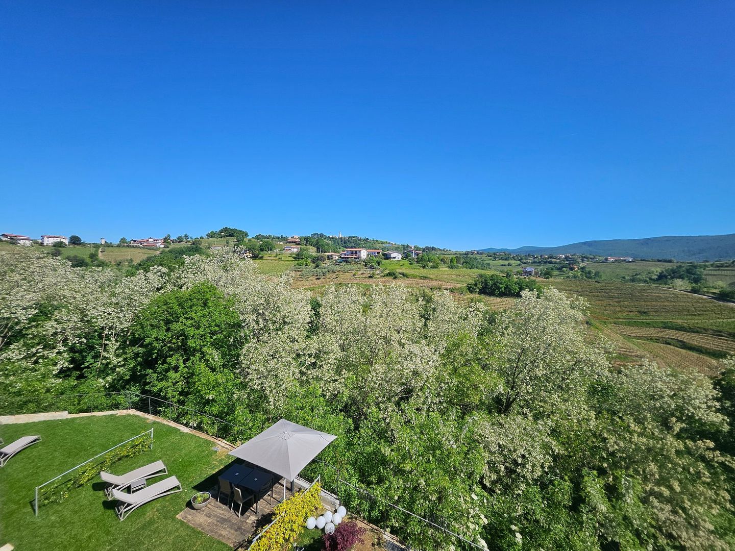Collina di campagna con alberi verdi, tavolo da picnic e gazebo, sotto un cielo azzurro brillante.