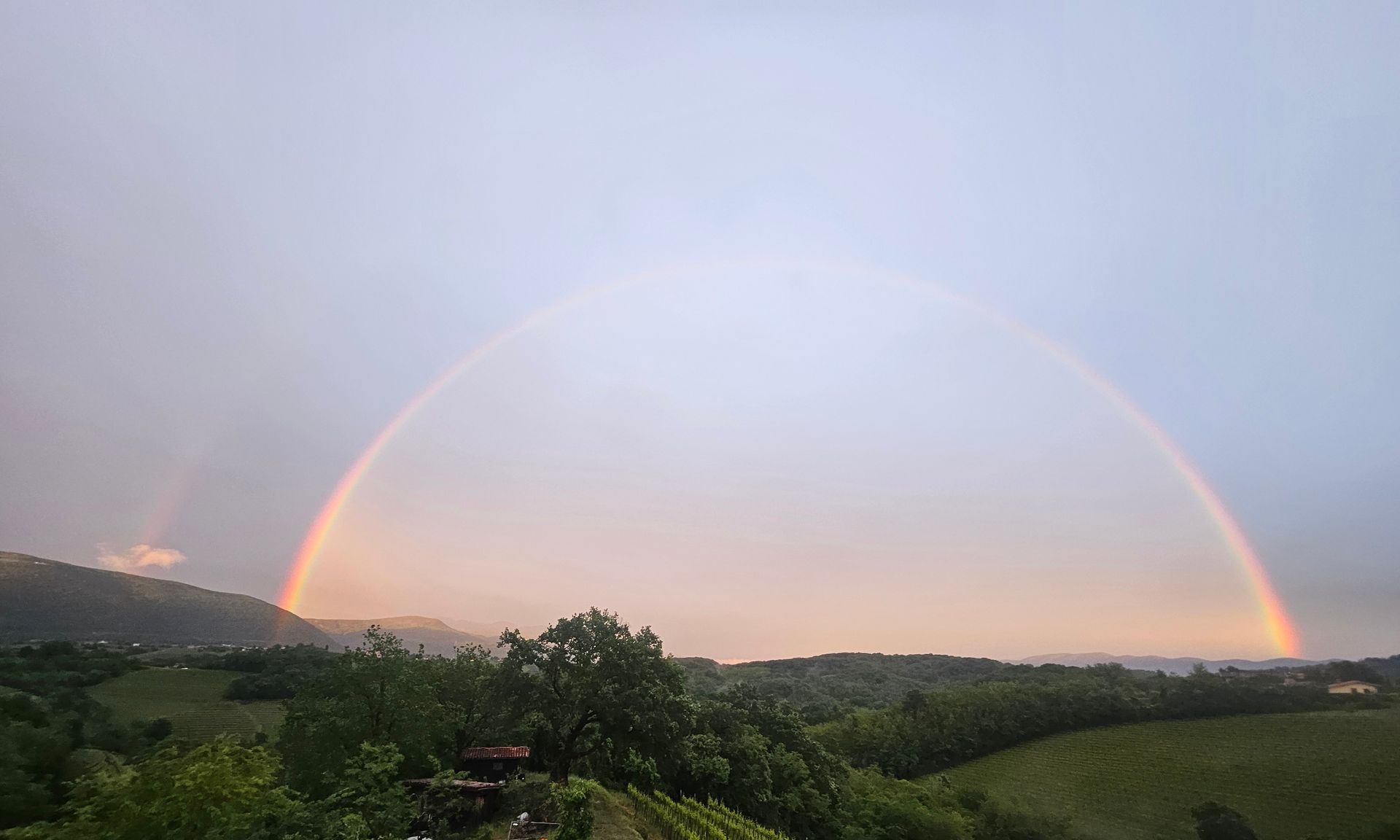 Un ampio arcobaleno si staglia sulle verdi colline al tramonto, sotto un cielo nuvoloso.