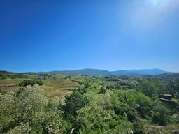 Una verde vallata con alberi e campi sotto un cielo azzurro limpido, montagne in lontananza all'orizzonte.