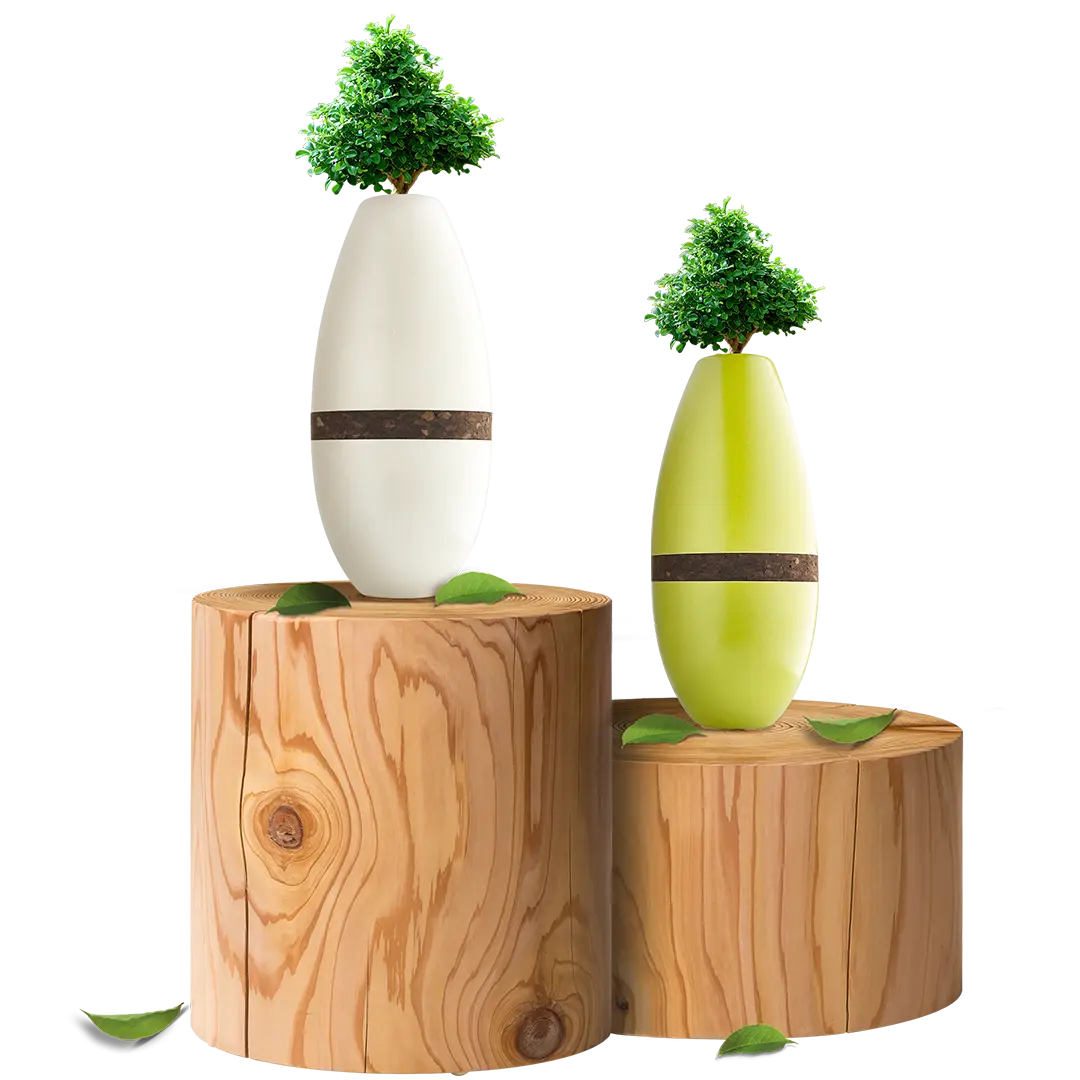 Three vases with trees in them are sitting on wooden stump.