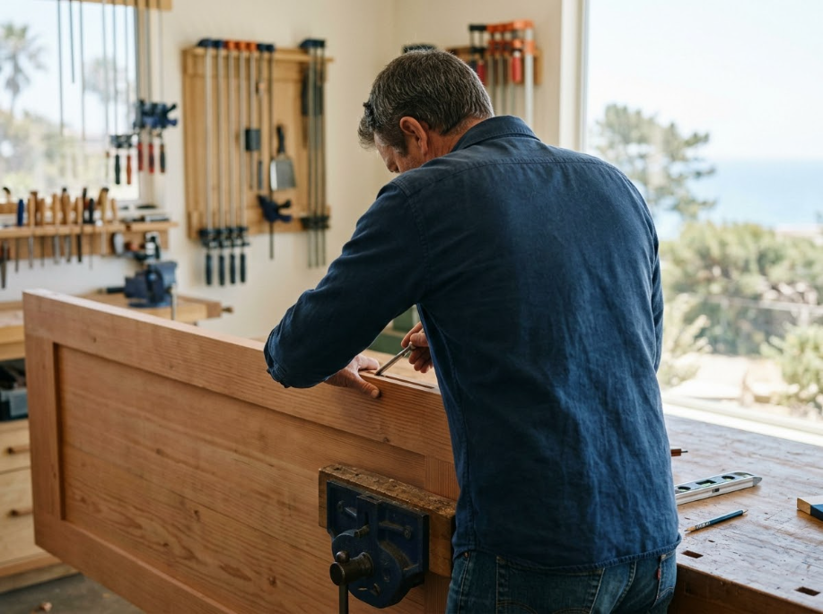 Woodworker sanding a wooden bench in a bright workshop with tools on the wall