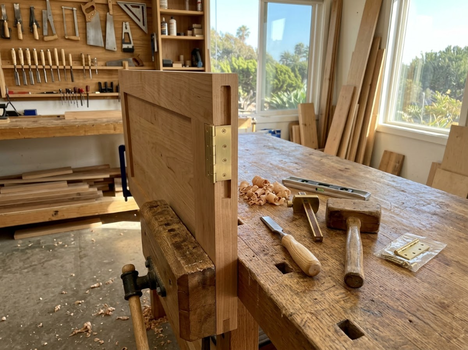 Woodworking shop with a wooden panel clamped on a workbench and hand tools on the table
