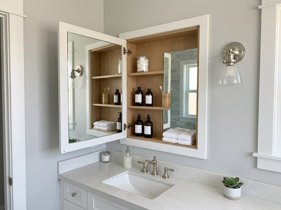 Bathroom vanity with open mirrored cabinet, white countertop, sink, and wall sconce