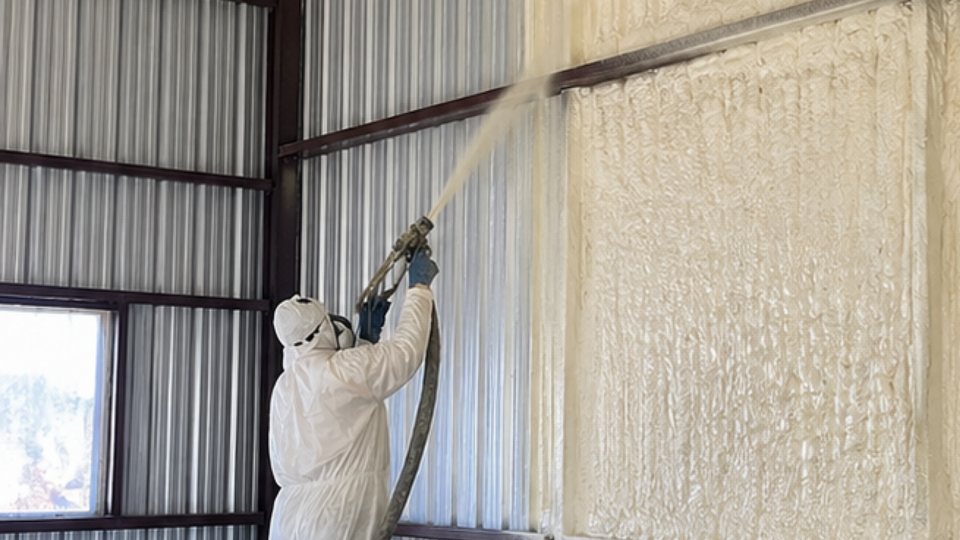 Foam insulation being sprayed under metal roof structure