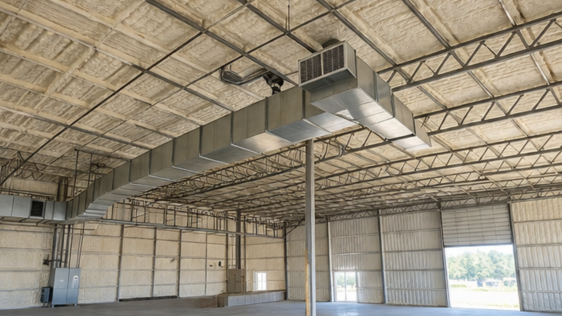 Spray foam insulation equipment being used on commercial property interior