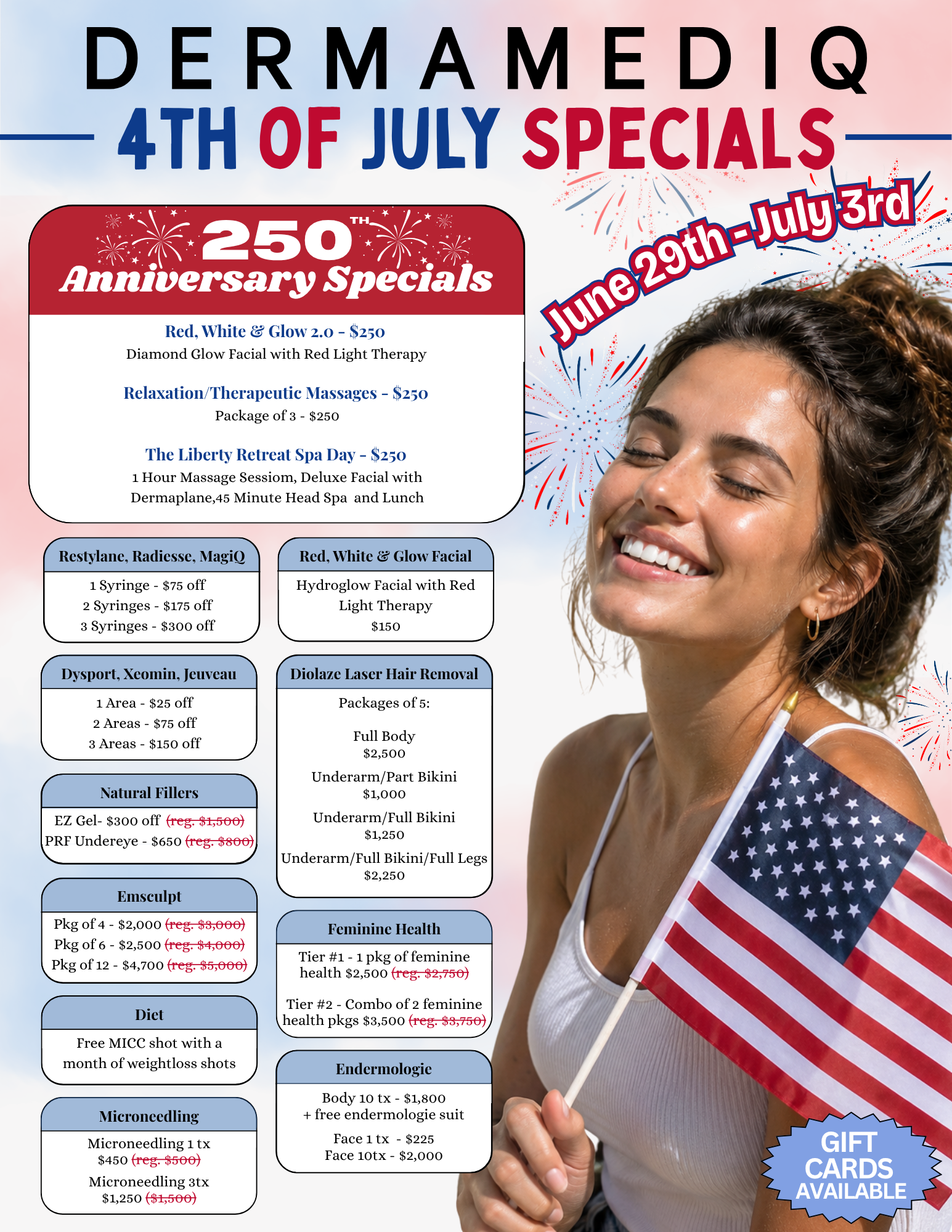 Dermamediq 4th of July specials flyer with smiling model, American flag, and sale details