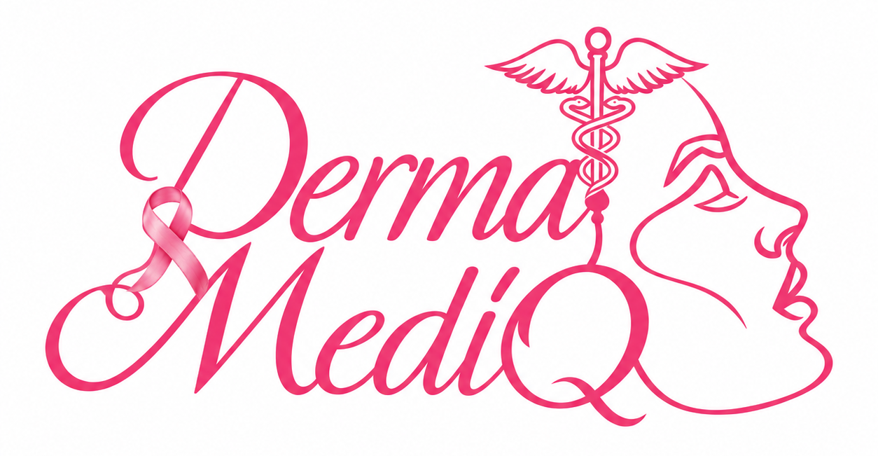 Logo for Derma MediQ, a medical spa. Features teal script text on a black oval with a caduceus and a face profile.