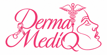 Logo for Derma MediQ, a medical spa. Features teal script text on a black oval with a caduceus and a face profile.