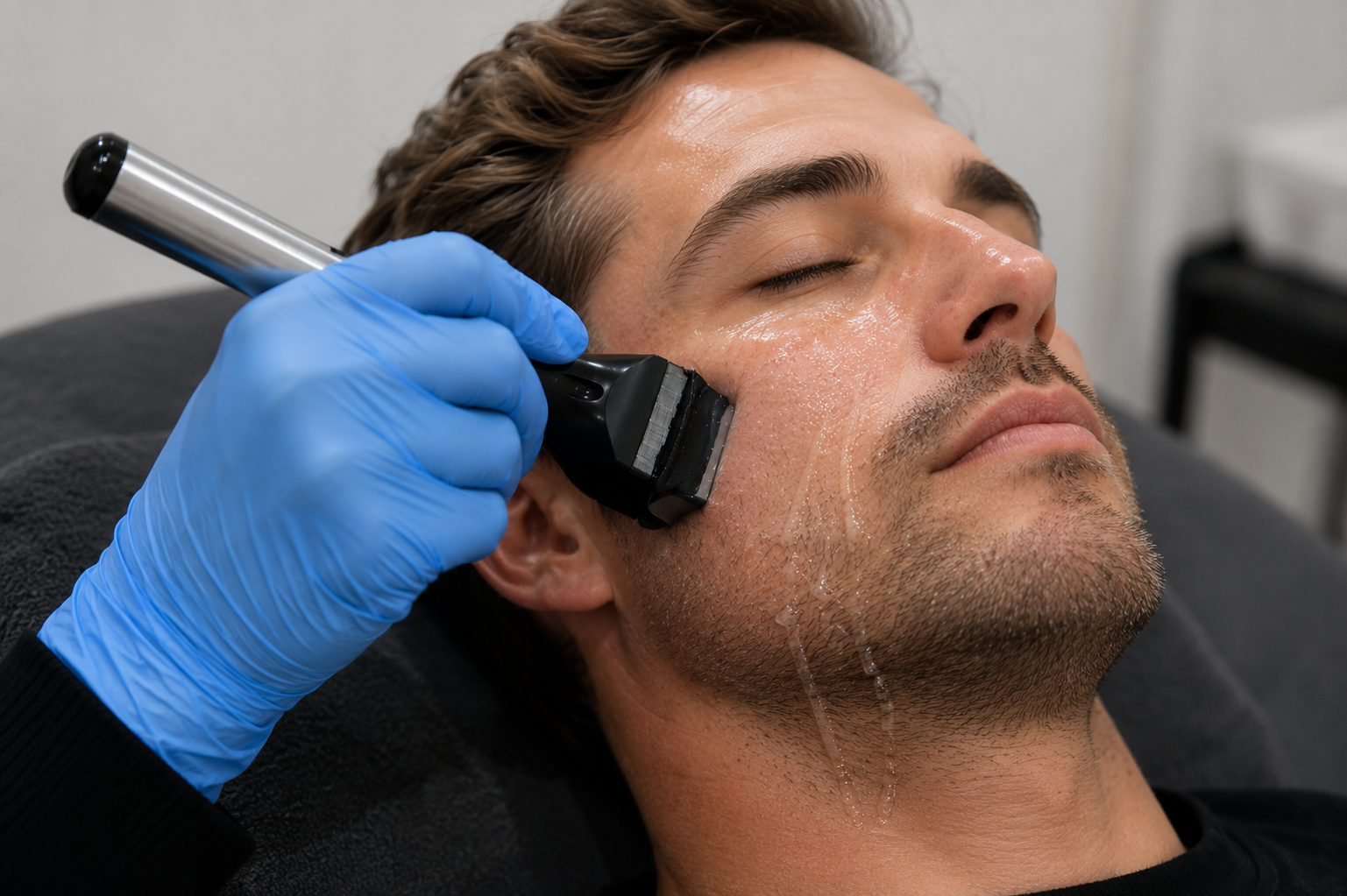 Gloved hand applying a facial treatment with a brush to a man lying back with eyes closed
