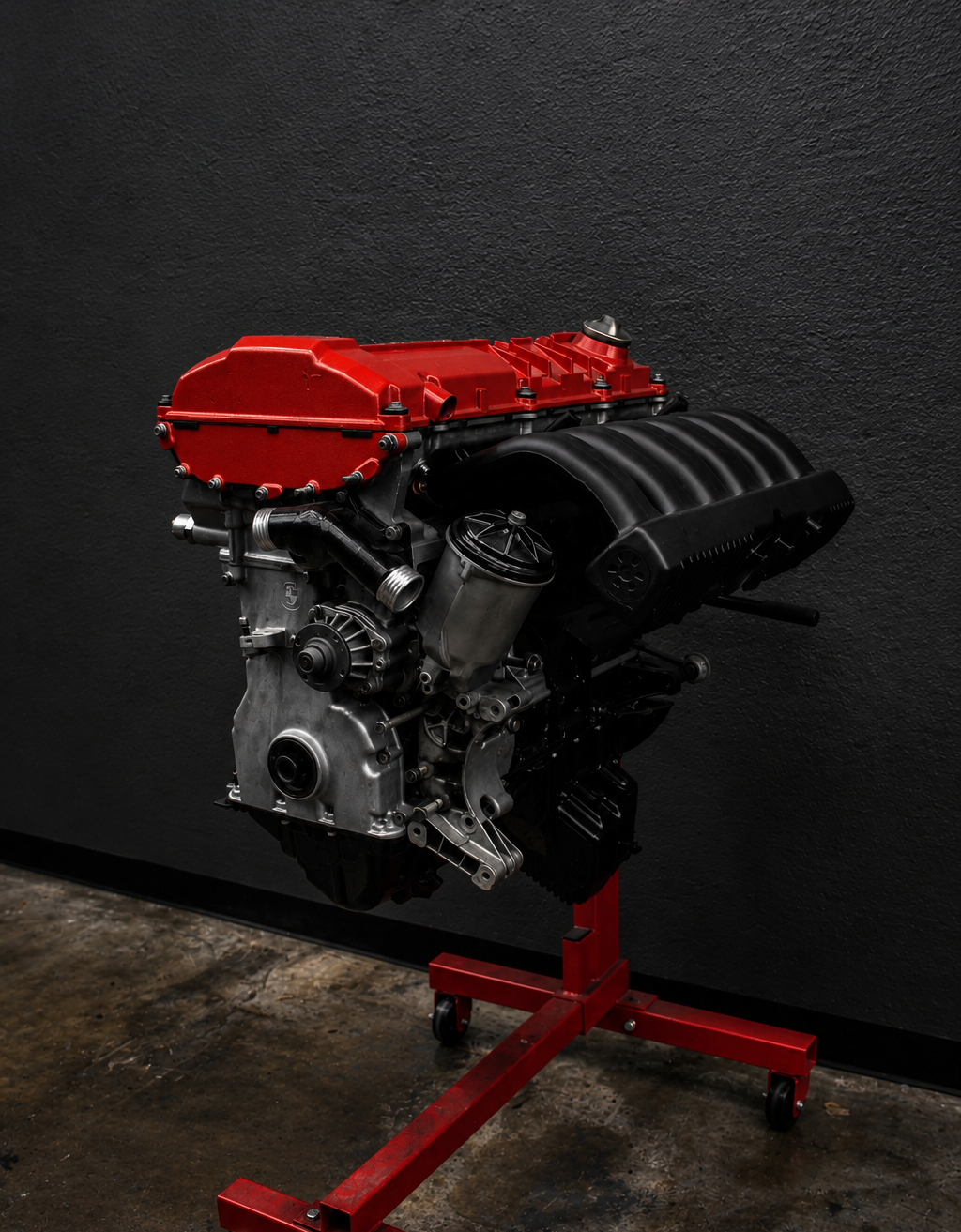 Engine on a stand during an engine build at CD Autoworks