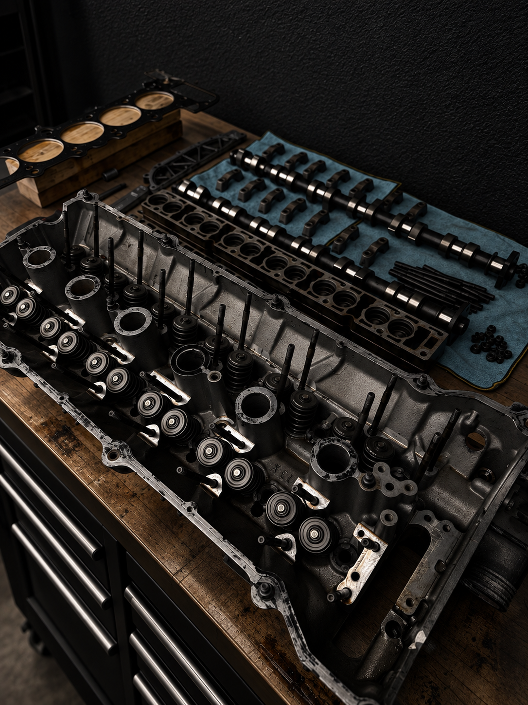Cylinder head and camshafts on the workbench during an engine build