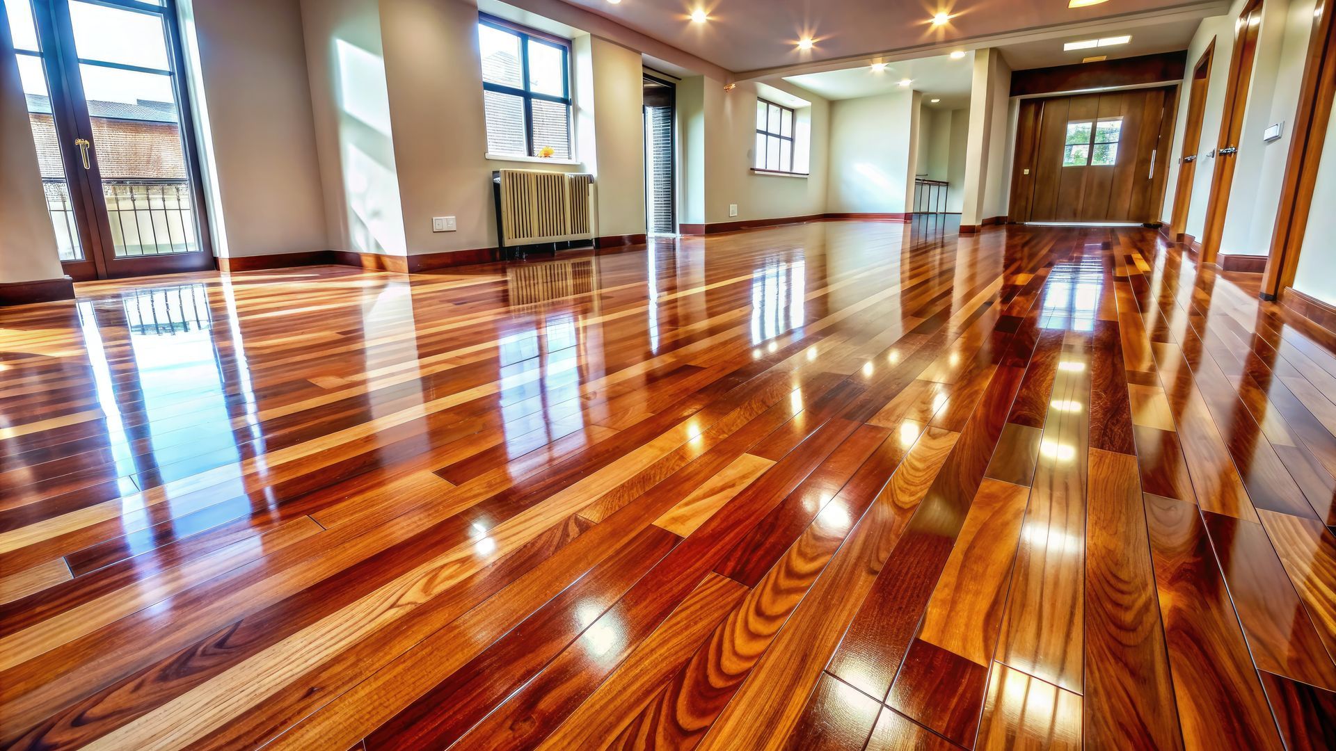 Shiny hardwood floor in a spacious room, reflecting light. Windows, doors, and neutral walls.
