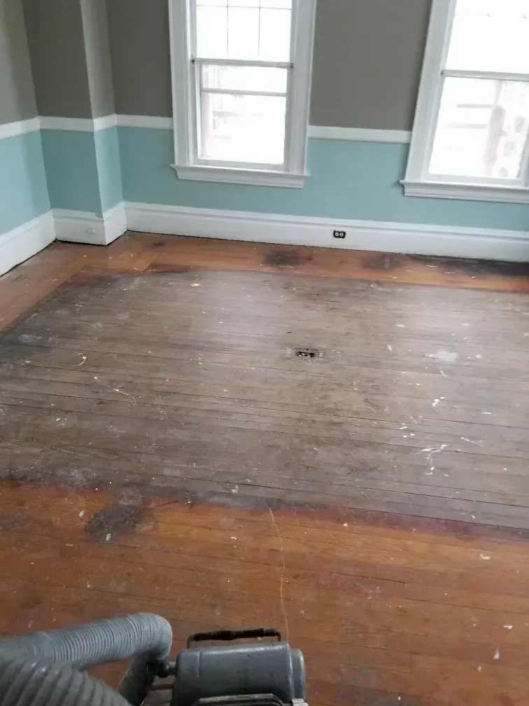 Wooden floor being sanded in a room with blue and white walls, two windows visible.