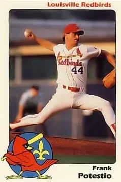 Louisville Redbirds pitcher Frank Postel in white uniform mid-throw on baseball card.
