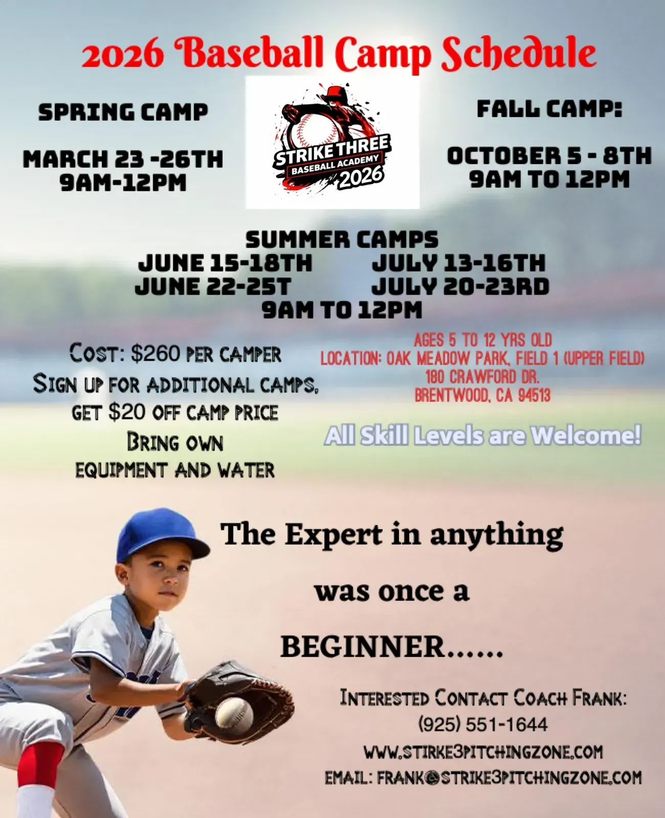 2026 baseball camp schedule flyer with spring, summer, and fall dates; pitcher graphic and registration details