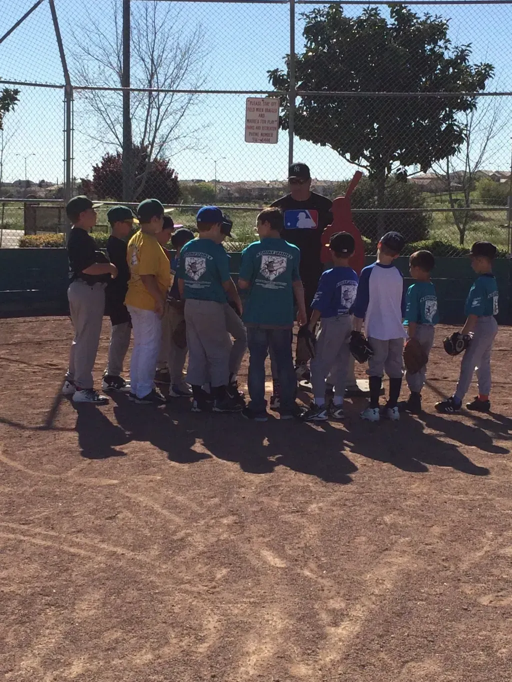 Children in baseball uniforms huddle with a coach on a sunny dirt field near a chain-link fence.