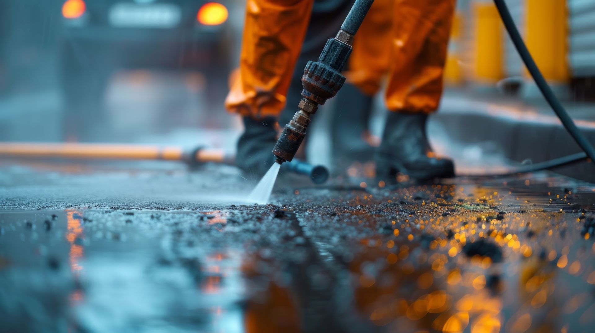 Een man gebruikt een hogedrukreiniger om een plas op de grond schoon te maken.