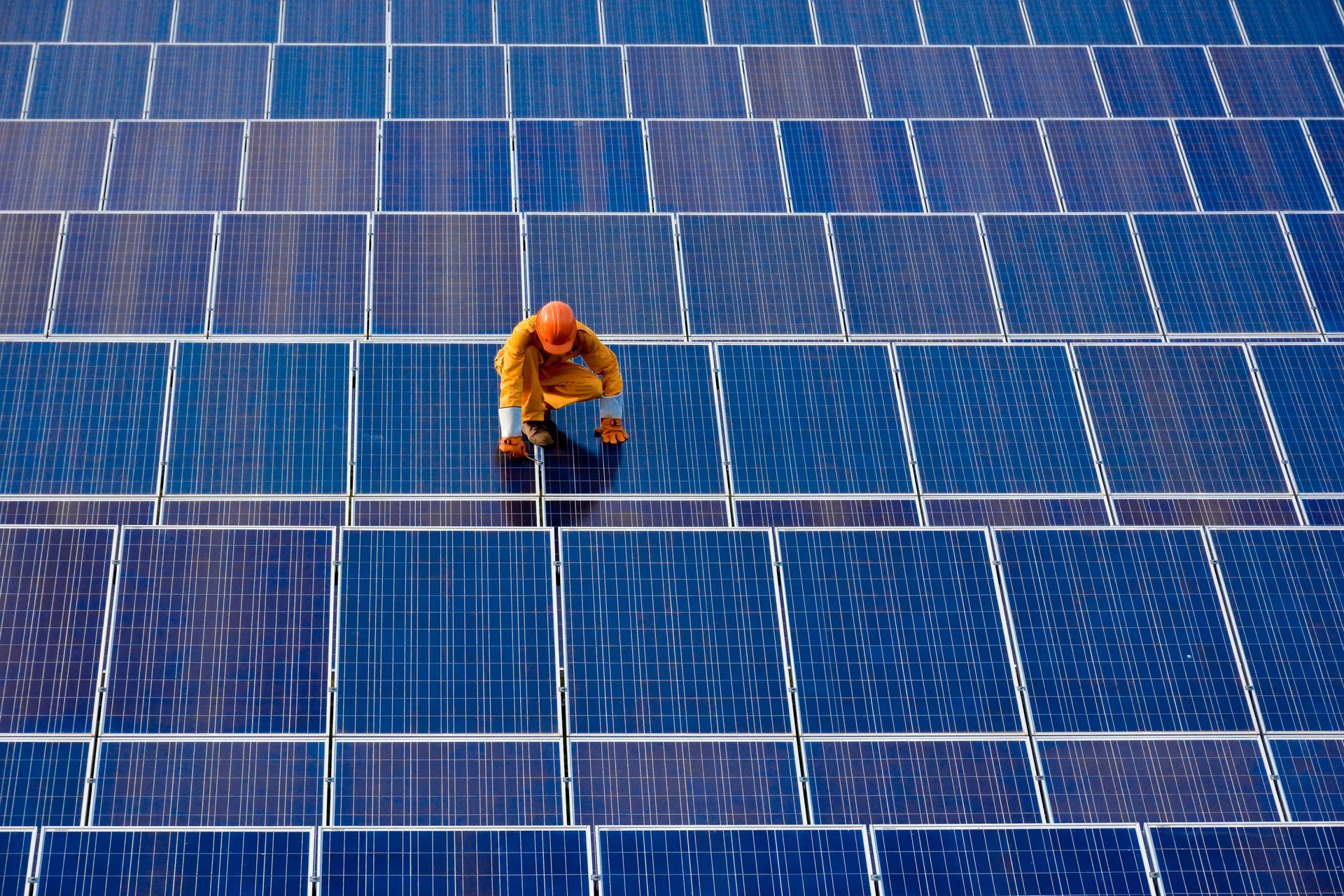 Een man staat in een veld met zonnepanelen.