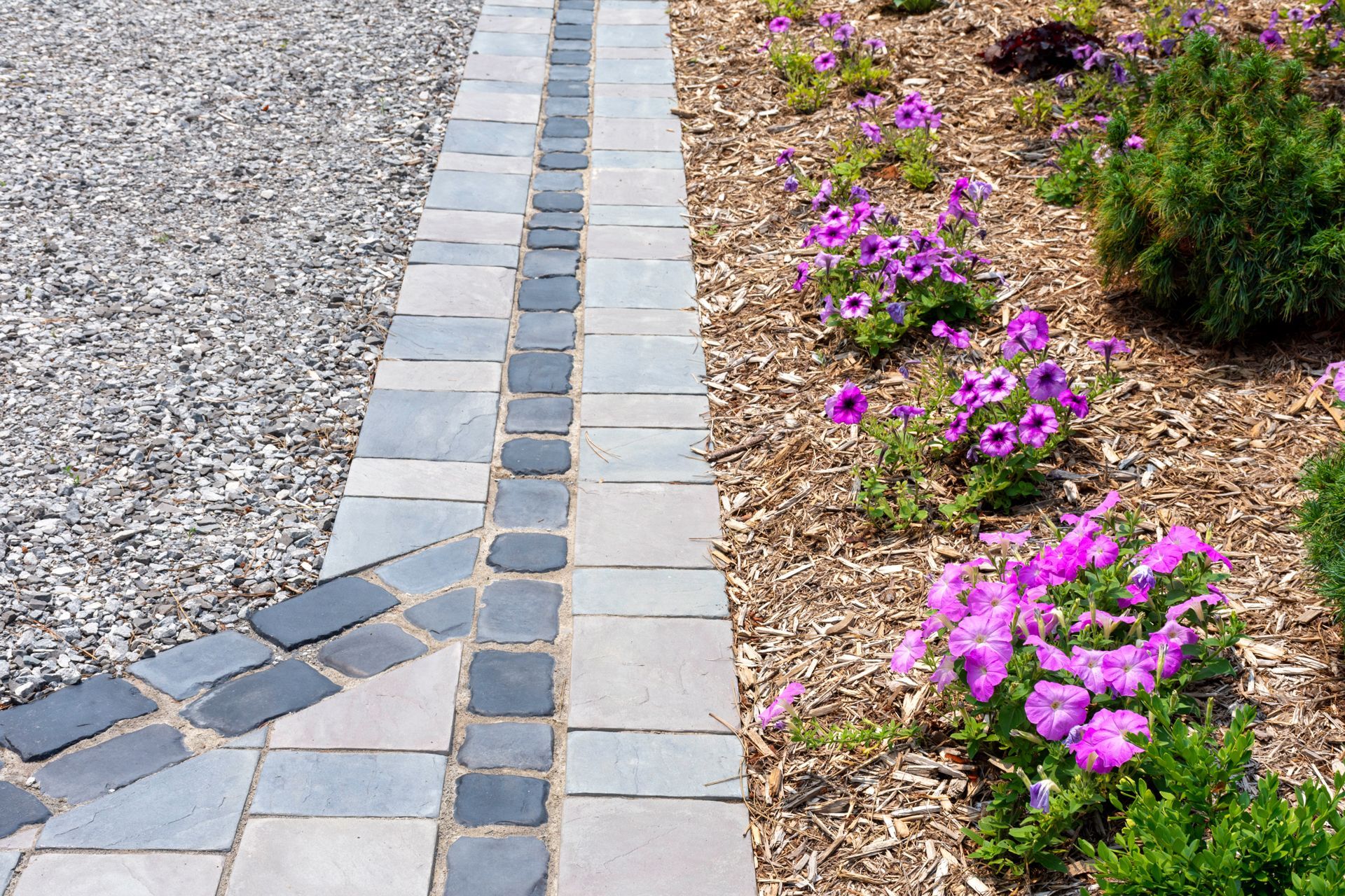 A Brick Walkway With Purple Flowers on the Side of It