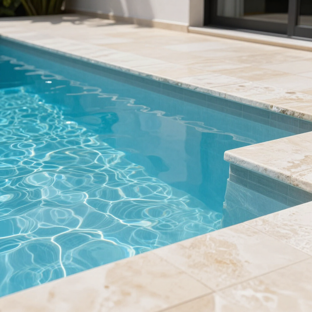 Moderna piscina de color turquesa junto a una terraza de piedra beige y al patio de la casa