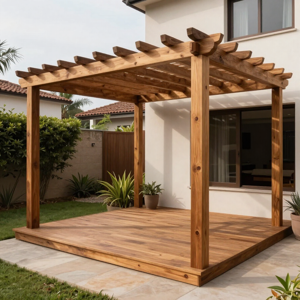 Pérgola de madera en el patio trasero, con una plataforma elevada junto a una casa