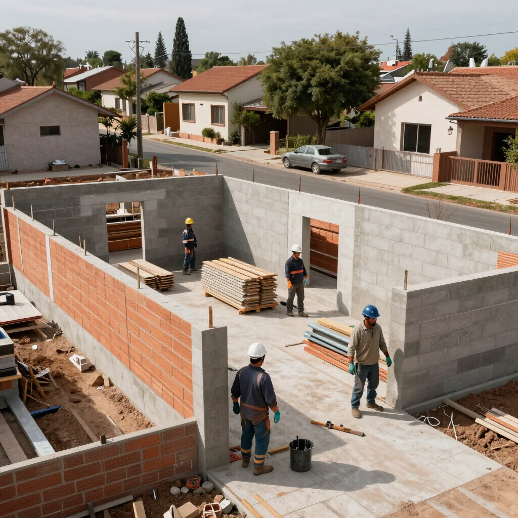 Trabajadores construyendo los cimientos de una casa en un barrio residencial, con paredes de hormigón y ladrillos apilados.