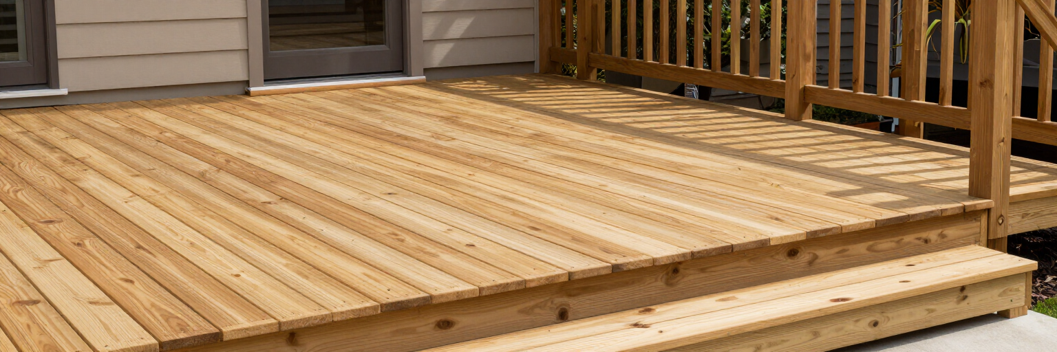 Terraza de madera en el jardín, con barandillas y escalones junto a una casa, acabada en madera clara natural.