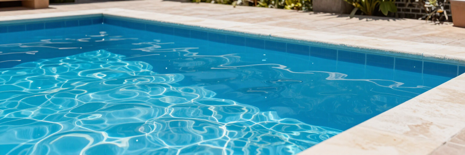 Piscina azul con agua ondulada y una terraza de piedra beige