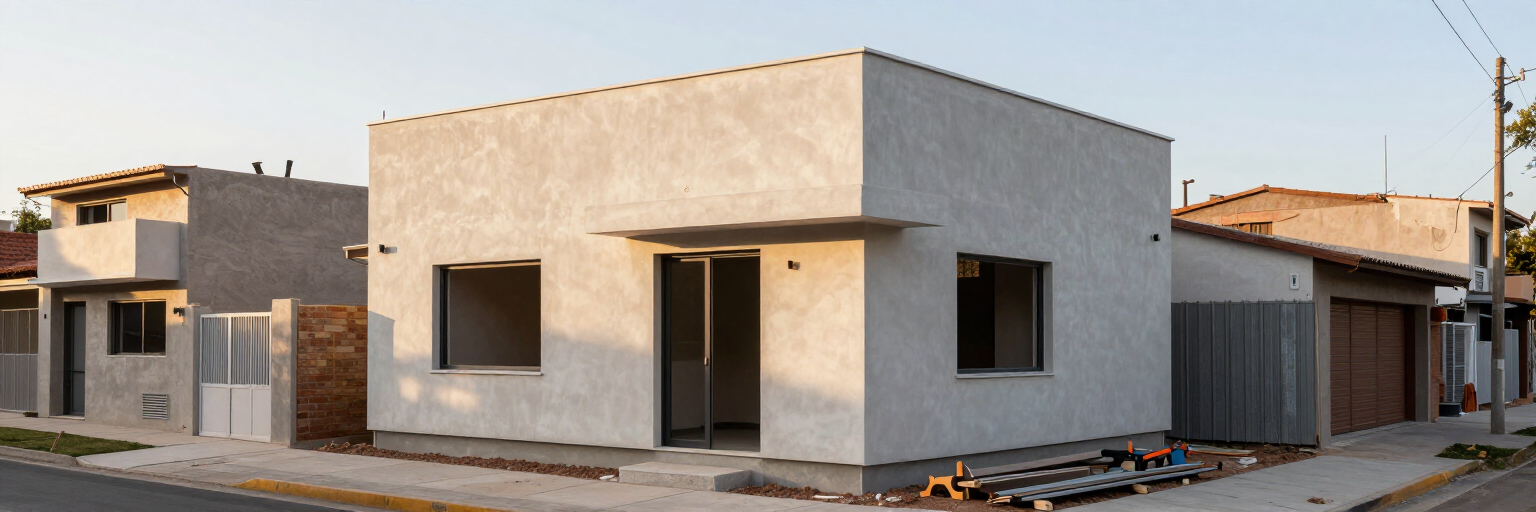 Casa moderna de una sola planta sin terminar, con paredes de estuco gris y huecos abiertos para ventanas y puertas, en una esquina de la calle