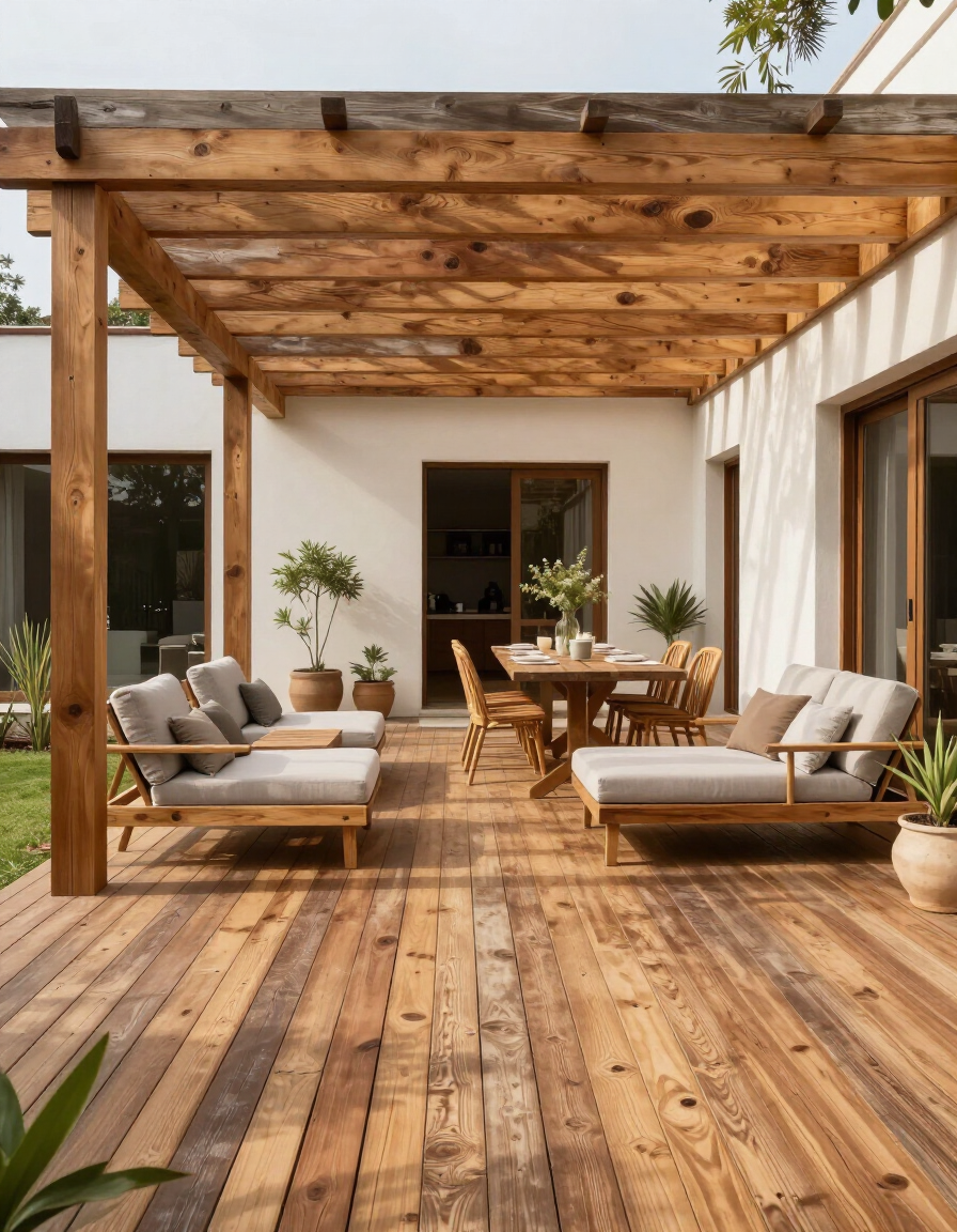 Terraza de madera con tumbonas, mesa de comedor y pérgola junto a una casa moderna