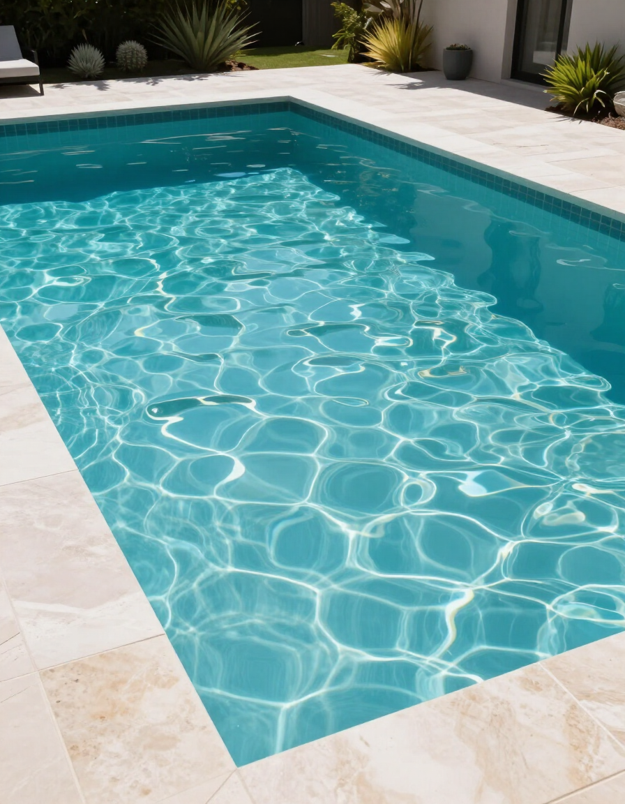 Piscina rectangular de color turquesa, con reflejos ondulantes bajo el sol y un borde de piedra beige