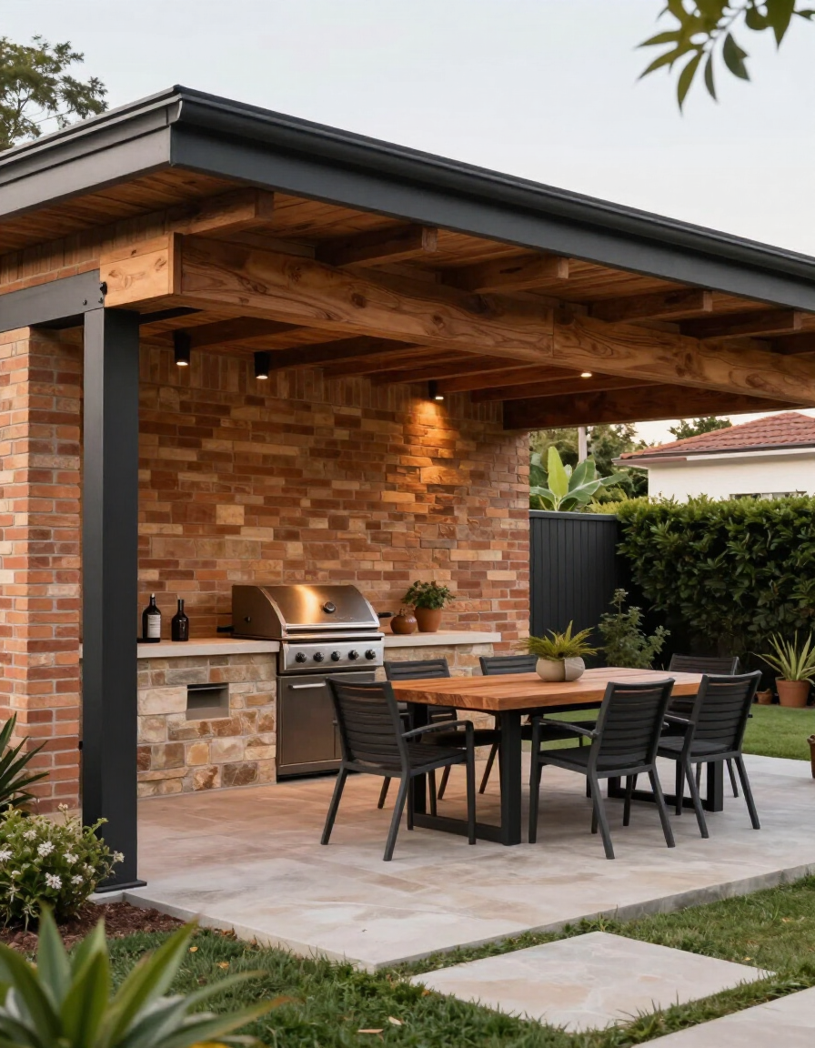 Patio cubierto con pared de ladrillo, parrilla y juego de comedor en una moderna terraza de piedra al aire libre