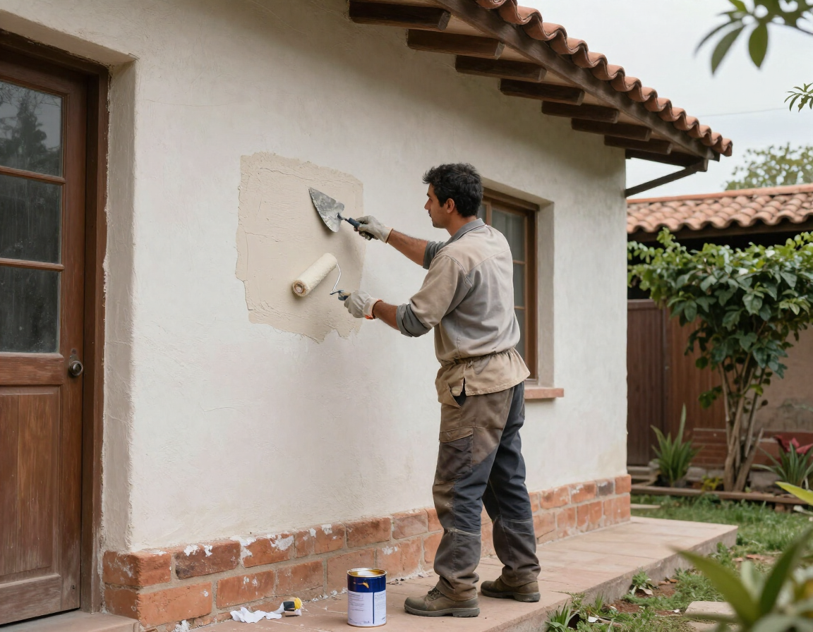 Persona enluciendo una pared exterior blanca junto a una puerta de madera y tejas de terracota.