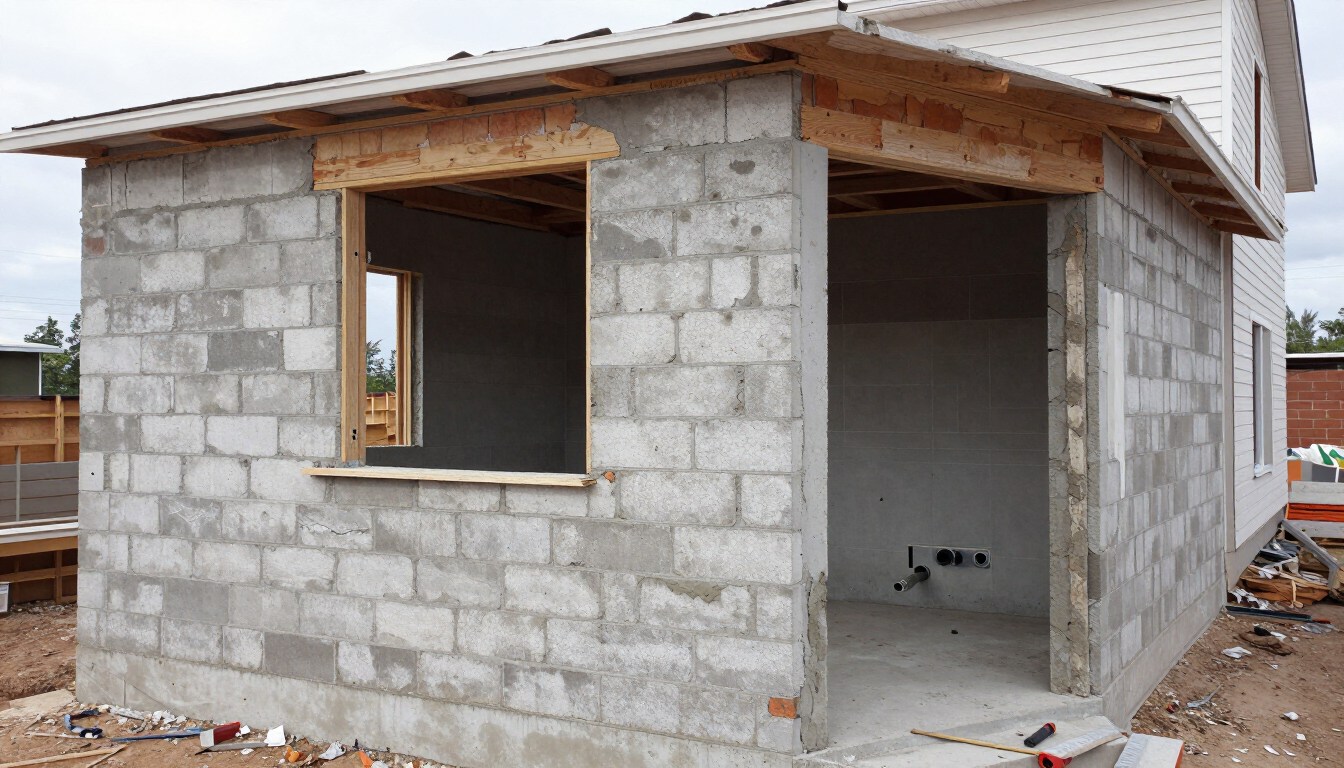Casa de bloques de hormigón parcialmente construida, con el techo sin terminar, las ventanas abiertas y escombros de obra alrededor