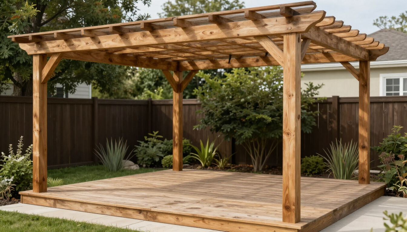 Pérgola de madera sobre una terraza elevada en un jardín trasero cercado