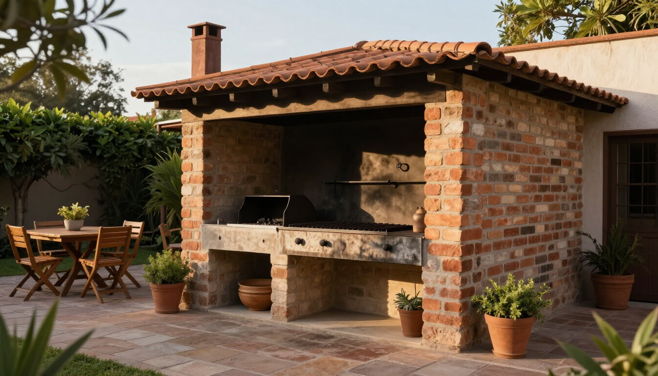 Barbacoa de ladrillo al aire libre bajo un patio cubierto de tejas, con plantas en macetas y una mesa y sillas de madera