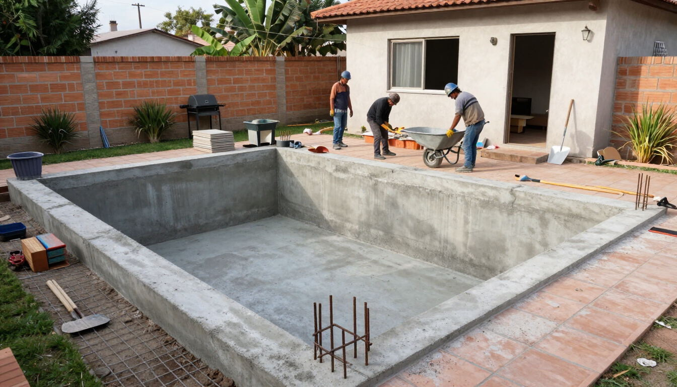 Trabajadores construyendo una piscina de hormigón en el patio trasero, junto a una casa