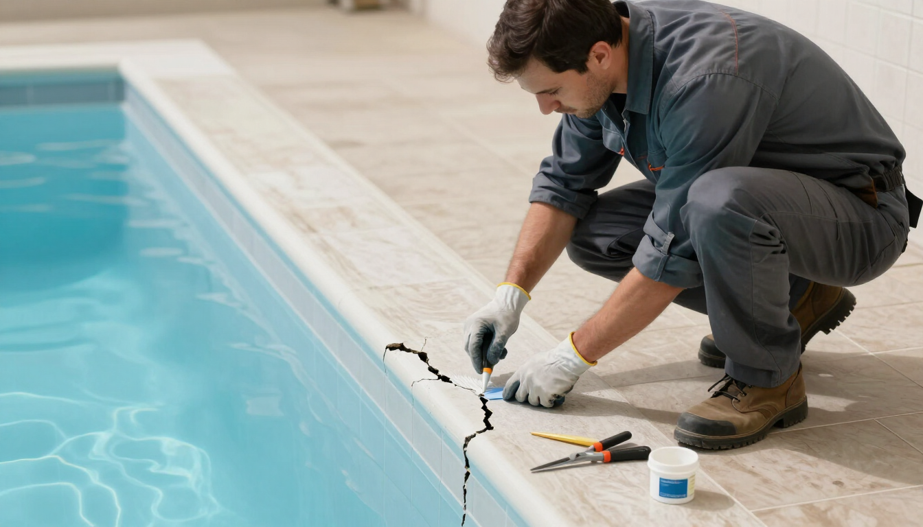 Un trabajador sella grietas junto a una piscina con una espátula y varias herramientas cerca