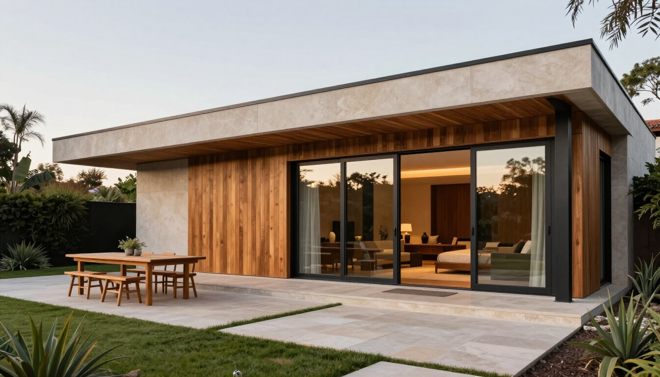 Casa moderna de una sola planta con fachada de madera, grandes puertas de cristal y muebles de terraza al atardecer