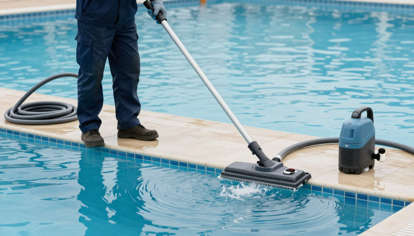 Persona limpiando una piscina con una manguera de aspiración junto al agua azul y al equipo de la piscina