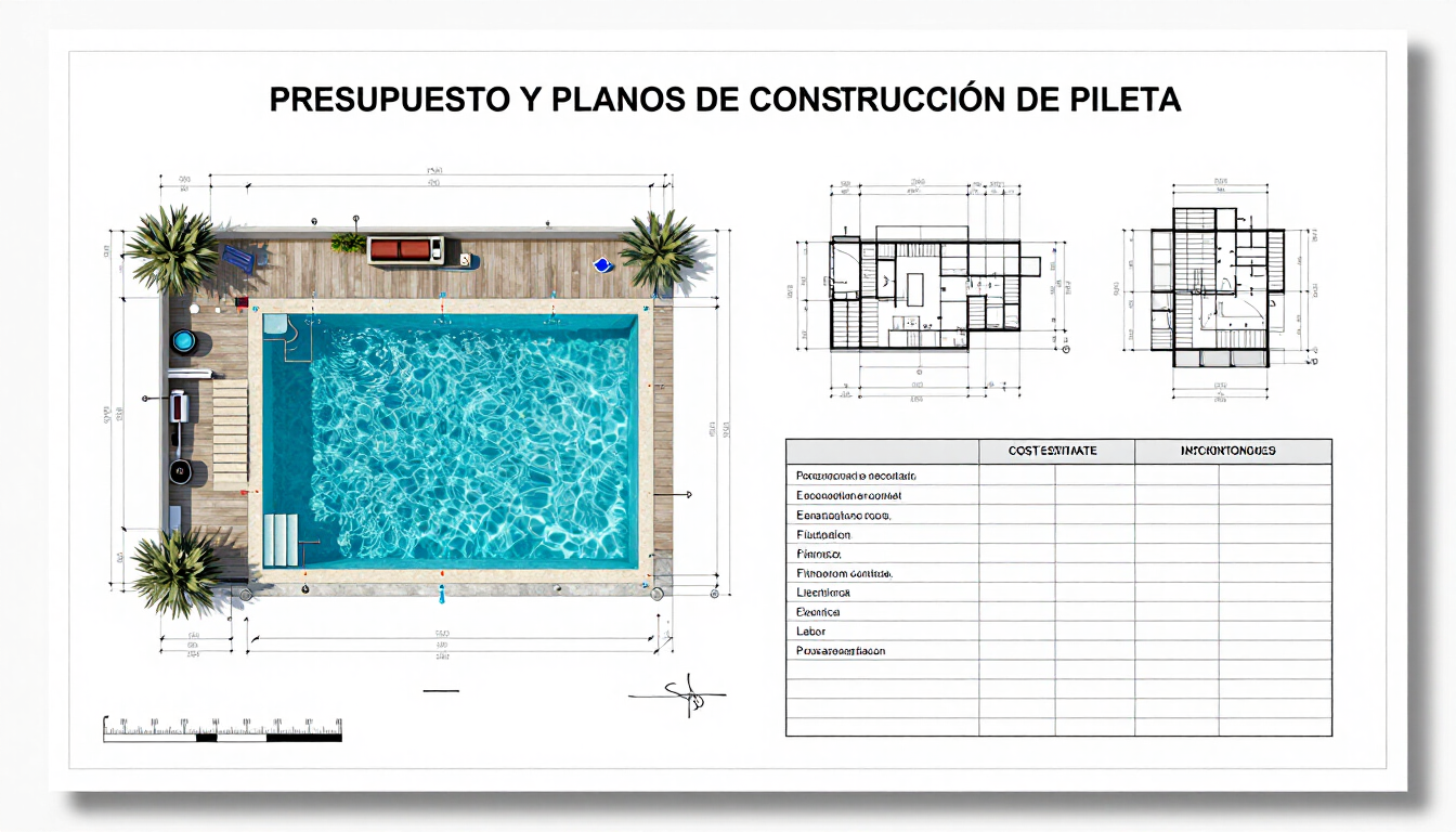 Plan de construcción de piscina con vista superior, diagramas técnicos y presupuesto detallado en español